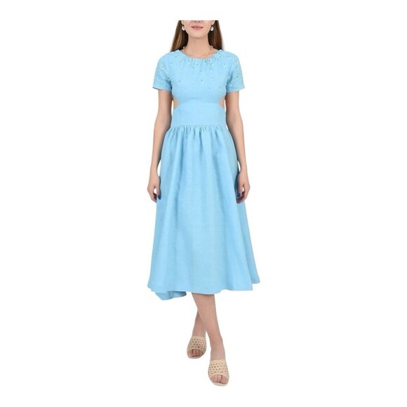 Fanm Mon Tucce Linen Midi Dress Small Baltic Sea Blue Open Sides Keyhole Back - Picture 1 of 13